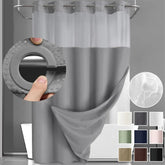 Hotel-style no-hook double-layer shower curtain with snap-in waterproof liner