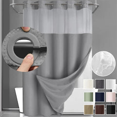 Hotel-style no-hook double-layer shower curtain with snap-in waterproof liner