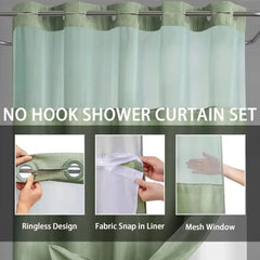No-hook shower curtain with sheer top window panel in a bathroom