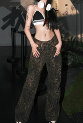 Leopard Print High Waisted Jeans for Women - Y2K Retro Fashion Streetwear Denim Pants, Hip Hop Straight Wide Leg Baggy Jeans