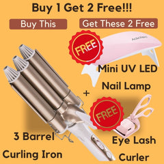 Massions Three Barrel Curling Iron Wand Hair Waver with LCD Temperature Display - 1 Inch Ceramic Tourmaline Triple Barrels, Dual Voltage Crimp Wand Professional Tourmaline Ceramic