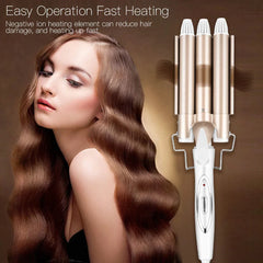 Massions Three Barrel Curling Iron Wand Hair Waver with LCD Temperature Display - 1 Inch Ceramic Tourmaline Triple Barrels, Dual Voltage Crimp Wand Professional Tourmaline Ceramic