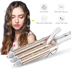 Massions Three Barrel Curling Iron Wand Hair Waver with LCD Temperature Display - 1 Inch Ceramic Tourmaline Triple Barrels, Dual Voltage Crimp Wand Professional Tourmaline Ceramic
