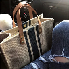 Bolso de mano tipo cubo de lona con decoración de rayas para mujer, sencillo, con asa superior, de gran capacidad, informal, tipo bandolera