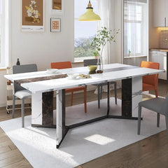 Mesa de comedor rectangular grande blanca de 71 pulgadas para 4, 5, 6, 7 y 8 personas con tablero impermeable de madera color mármol de 35 pulgadas y patas ajustables. Lujosa mesa de comedor familiar de 6 pies para oficina, cocina y sala de estar.