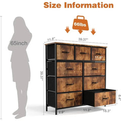 Cómoda Sweetcrispy para dormitorio con 9 cajones de tela, baúl alto organizador para ropa, armario, torre de almacenaje con gabinete, estructura de metal, tablero de madera, mueble ligero para habitación de bebé, color negro y teca.
