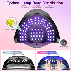 Lámpara de secado de uñas SUN X19 MAX UV LED de 320 W, profesional, para uñas de gel, con 72 perlas de secado rápido, sensor automático y temporizador de 4 ajustes. Herramientas para uñas de manos y pies.