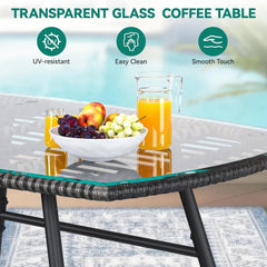 Conjunto de 4 piezas de muebles de patio de mimbre para bistró, sillas resistentes a la intemperie, para balcón y terraza con cojines suaves y mesa de metal.