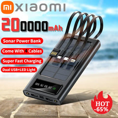 Banco de energía solar Xiaomi de 200.000 mAh, gran capacidad, carga rápida, 4 cables USB duales para iPhone y Samsung.