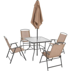 Juego de comedor plegable Albany Lane de 6 piezas de Mainstays (mesa de patio, silla, sombrilla, decoración para exteriores) (bronceado)