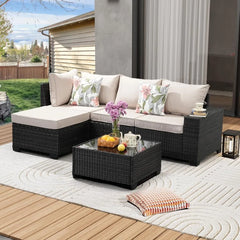 Juego de 5 muebles de patio seccionales de mimbre para exteriores, sofá con otomana para césped, balcón, jardín y patio (marrón-beige)