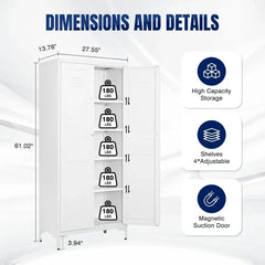 Gabinete de almacenamiento de metal con 2 puertas y 4 estantes ajustables - Gabinete de despensa de cocina blanco de 61", 5 niveles de acero alto