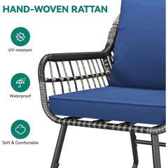 Conjunto de 4 piezas de muebles de patio de mimbre para bistró, sillas resistentes a la intemperie, para balcón y terraza con cojines suaves y mesa de metal.