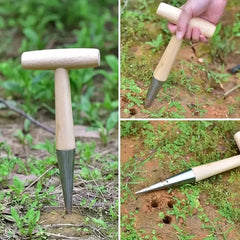 Plantador manual con escala de medición de 5 pulgadas, mango de madera en forma de L de fácil agarre, punta de acero inoxidable estampada, para sembrar semillas y plantar plántulas.
