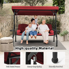 Columpio de exterior 3 en 1 con toldo ajustable, columpio de 3 plazas para adultos, columpio de patio con cojines gruesos, almohadas y portavasos para patio, porche y jardín (rojo vino, caqui)