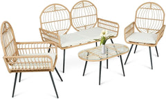 Conjunto de 4 piezas de mimbre para patio, estilo bohemio, para exteriores, con sillón, mesa de cristal y cojín suave.