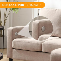 Sofá seccional convertible de 3 plazas en forma de L con diván con espacio de almacenamiento y puerto de carga, beige, lino. Ideal para apartamentos pequeños, salas de estar y oficinas.