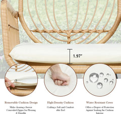 Conjunto de 4 piezas de mimbre para patio, estilo bohemio, para exteriores, con sillón, mesa de cristal y cojín suave.