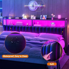 Cabecero para cama King Size, Cabecero Tapizado con Tomacorrientes, Puertos USB y Luz LED, Cabecero de Cuero con Almacenamiento
