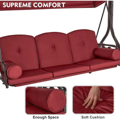 Columpio de exterior 3 en 1 con toldo ajustable, columpio de 3 plazas para adultos, columpio de patio con cojines gruesos, almohadas y portavasos para patio, porche y jardín (rojo vino, caqui)