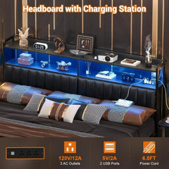 Cabecero para cama King Size, Cabecero Tapizado con Tomacorrientes, Puertos USB y Luz LED, Cabecero de Cuero con Almacenamiento