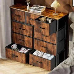 Cómoda Sweetcrispy para dormitorio con 9 cajones de tela, baúl alto organizador para ropa, armario, torre de almacenaje con gabinete, estructura de metal, tablero de madera, mueble ligero para habitación de bebé, color negro y teca.