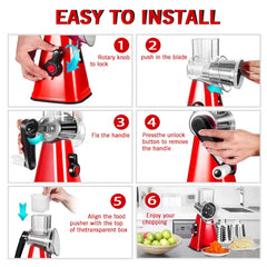 Rallador de queso giratorio Glitzy Geedel, mandolina de cocina para cortar verduras con 3 cuchillas intercambiables, fácil de limpiar para frutas, verduras y frutos secos.