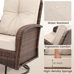 Juego de muebles de patio de 3 piezas, mecedora giratoria para exteriores, conjunto de bistró de mimbre con mecedora de ratán y mesa con tapa de vidrio.