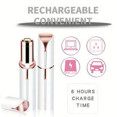 Depiladora eléctrica portátil con forma de lápiz labial para mujeres, afeitadora facial impecable Finishing Touch, afeitadora facial de oro rosa con luz LED, herramienta de afeitadora casera reciclable, indolora y eficaz.