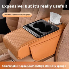 Car armrest cushion installed on center console with dual cup holders