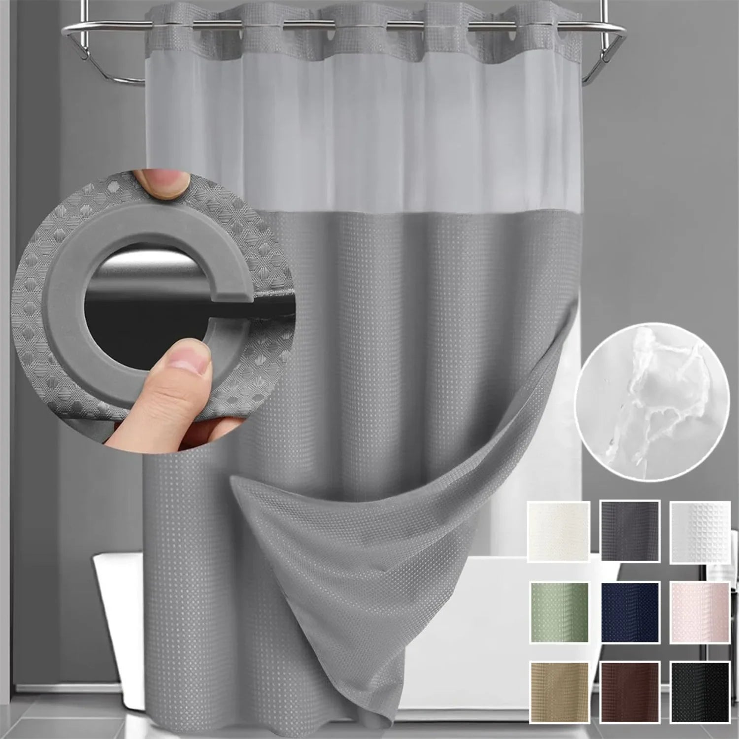 Hotel-style no-hook double-layer shower curtain with snap-in waterproof liner