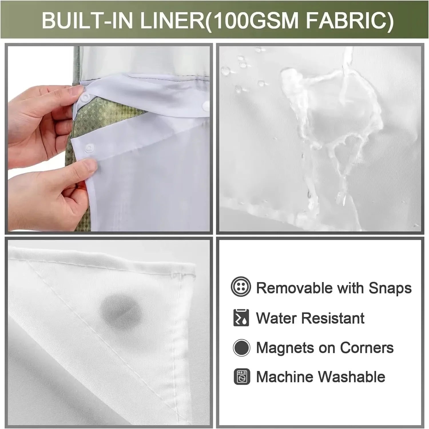 Snap-in waterproof inner liner of a double-layer shower curtain