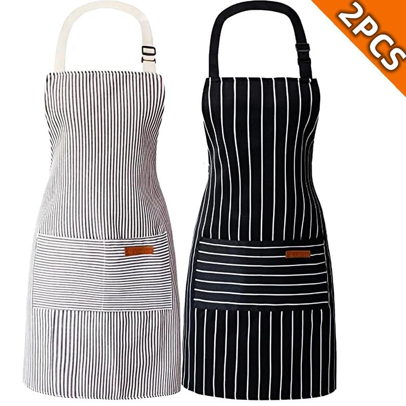 2 Pack Unisex Black & White Striped Kitchen Apron with 2 Pockets – Adjustable Oil-Repellent Cooking & Baking Aprons for Home, Restaurant & Salon
