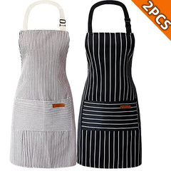 2 Pack Unisex Black & White Striped Kitchen Apron with 2 Pockets – Adjustable Oil-Repellent Cooking & Baking Aprons for Home, Restaurant & Salon