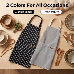 2 Pack Unisex Black & White Striped Kitchen Apron with 2 Pockets – Adjustable Oil-Repellent Cooking & Baking Aprons for Home, Restaurant & Salon