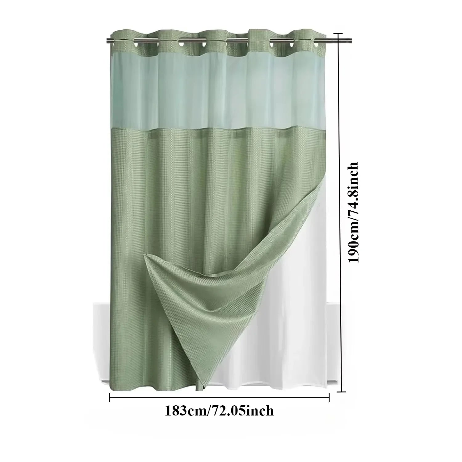 Machine washable no-hook shower curtain with waterproof liner