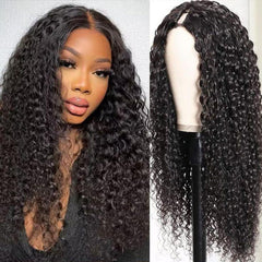 Curly V Part Wig Human Hair Brazilian Deep Wave – Glueless No Sew U Part Wig for Black Women | 200% Density Virgin Human Hair