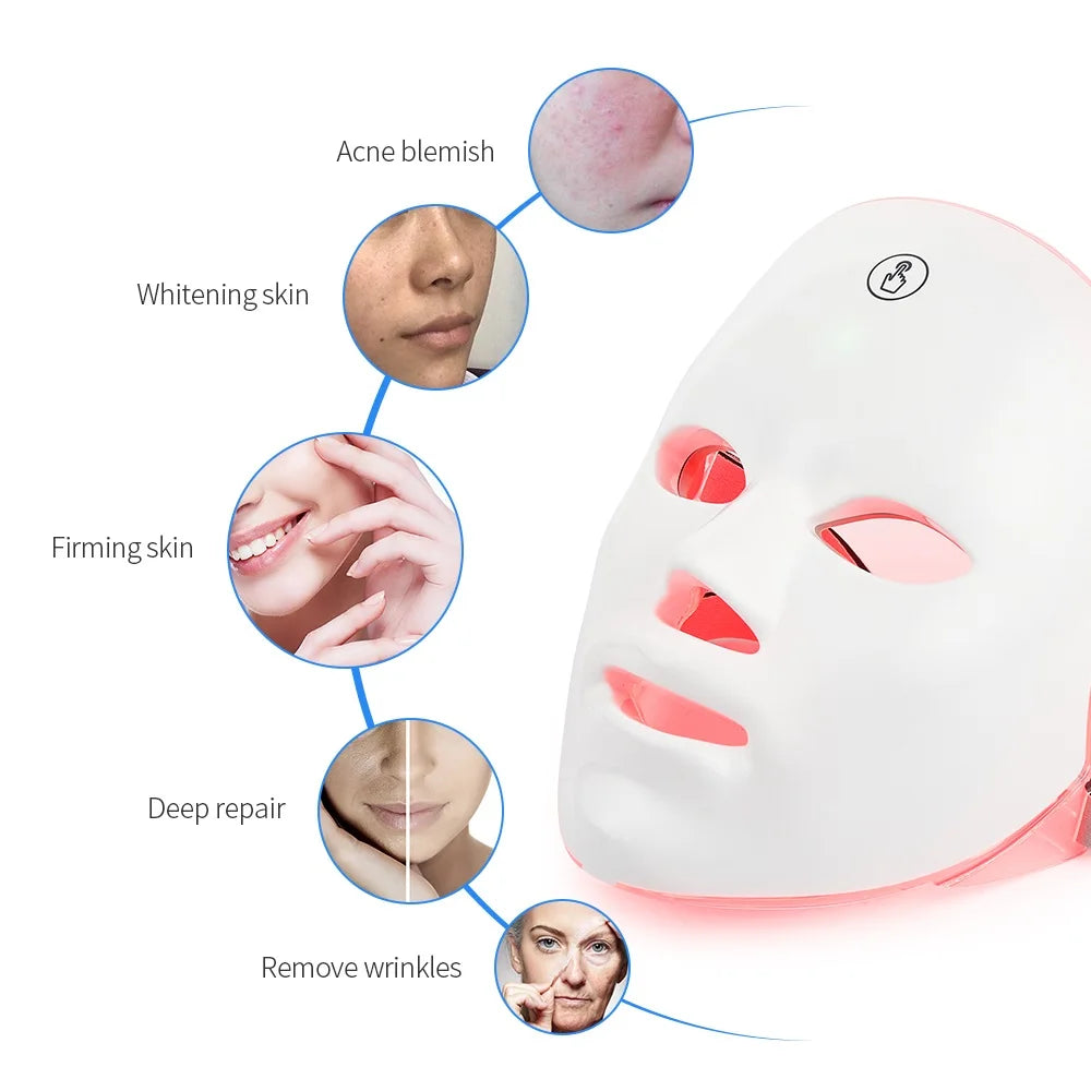 Máscara facial LED recargable de 7 colores para terapia de luz, máscara facial LED para terapia de luz en casa, máscara de terapia de luz azul y roja para rostro, dispositivos faciales