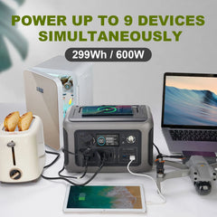 Estación de energía portátil ALLPOWERS R600, batería LiFeP04 de 299 Wh con dos tomas de CA de 600 W (1200 W con protección contra sobretensiones) para exteriores, camping, autocaravanas y casas rodantes.