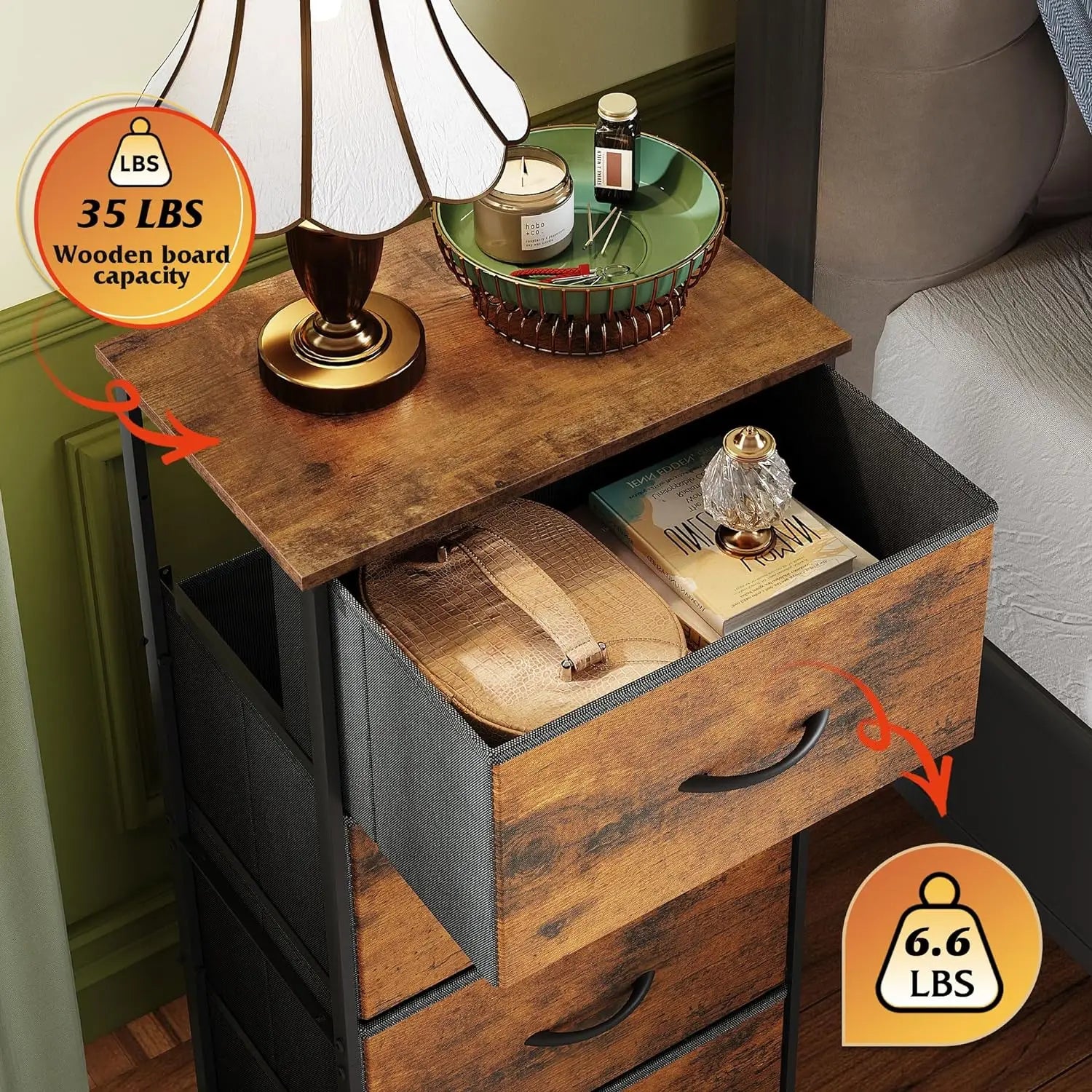 Cómoda con 4 cajones, torre de almacenamiento de tela, organizador para dormitorio, pasillo, entrada y armarios, estructura de acero resistente y cubierta de madera.