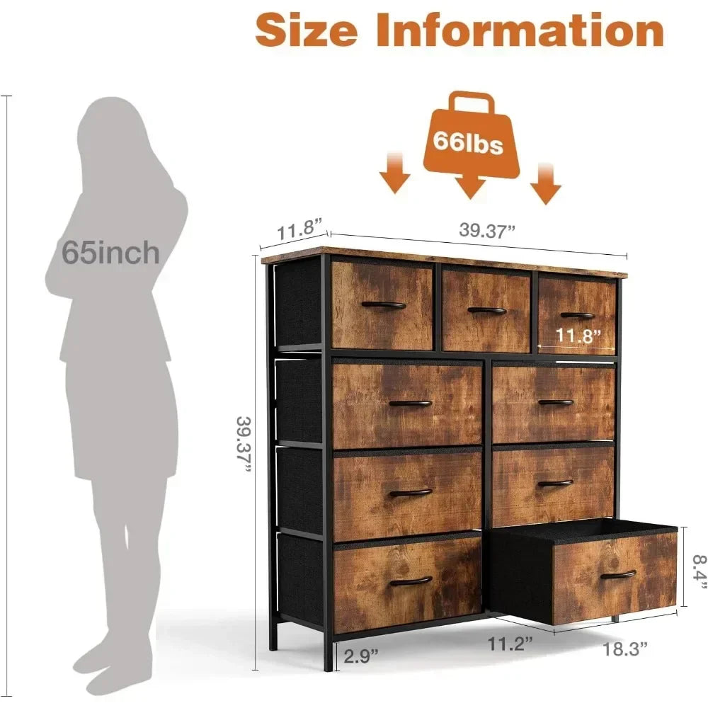 Cómoda Sweetcrispy para dormitorio con 9 cajones de tela, baúl alto organizador para ropa, armario, torre de almacenaje con gabinete, estructura de metal, tablero de madera, mueble ligero para habitación de bebé, color negro y teca.