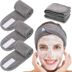 4 unidades de diademas faciales de spa, banda para la cabeza de ballena, toalla elástica de tela de rizo con cinta adhesiva mágica para baño, maquillaje y deporte, 8,9 cm de ancho (blanco)