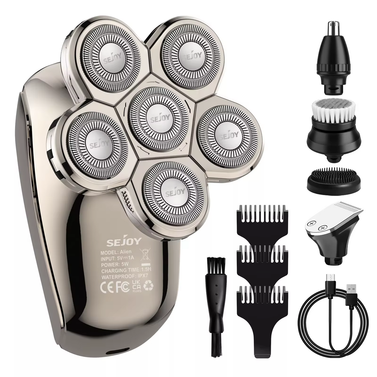 7D Electric Bald Head Shaver for Men – 5-in-1 Multifunctional Grooming Kit with LED Display, Type-C Fast Charging & IPX7 Waterproof Design