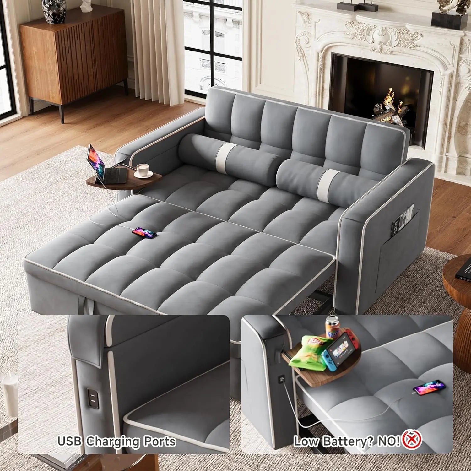 3 in 1 Convertible Sleeper Sofa Bed, Futon Couches for Living Room with Side Pocket | Adjustable Backrest | Velvet Fabric | Pull Out Couch | Loveseat | Sectional Sofa Bed | Adjustable Backrest