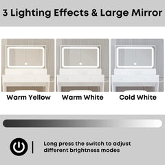Escritorio de tocador LIKIMIO con espejo con luz LED, toma de corriente y 4 cajones, juego de mesa de maquillaje con taburete de almacenamiento y secador de pelo
