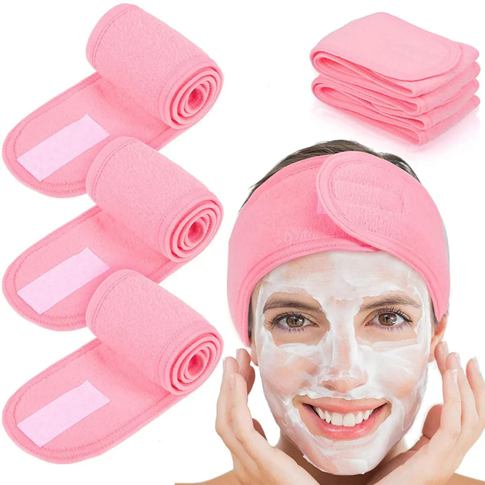 4 unidades de diademas faciales de spa, banda para la cabeza de ballena, toalla elástica de tela de rizo con cinta adhesiva mágica para baño, maquillaje y deporte, 8,9 cm de ancho (blanco)