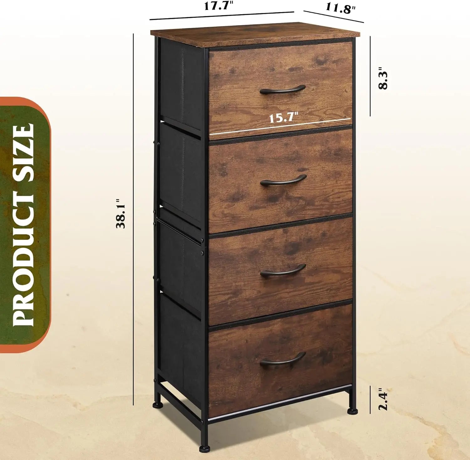 Cómoda con 4 cajones, torre de almacenamiento de tela, organizador para dormitorio, pasillo, entrada y armarios, estructura de acero resistente y cubierta de madera.