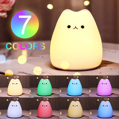 Mini Kawaii Cat Night Light, Cute Cat Nursery Lights USB Rechargeable Cat Lamp Nightlight Birthday Christmas Gift with Warm White and 7-Color Breathing Modes for Kids Baby Children (Cat - Battery)