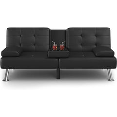 Sofá cama plegable moderno Flamaker, reclinable y convertible, con 2 portavasos y reposabrazos extraíbles (piel sintética, negro).