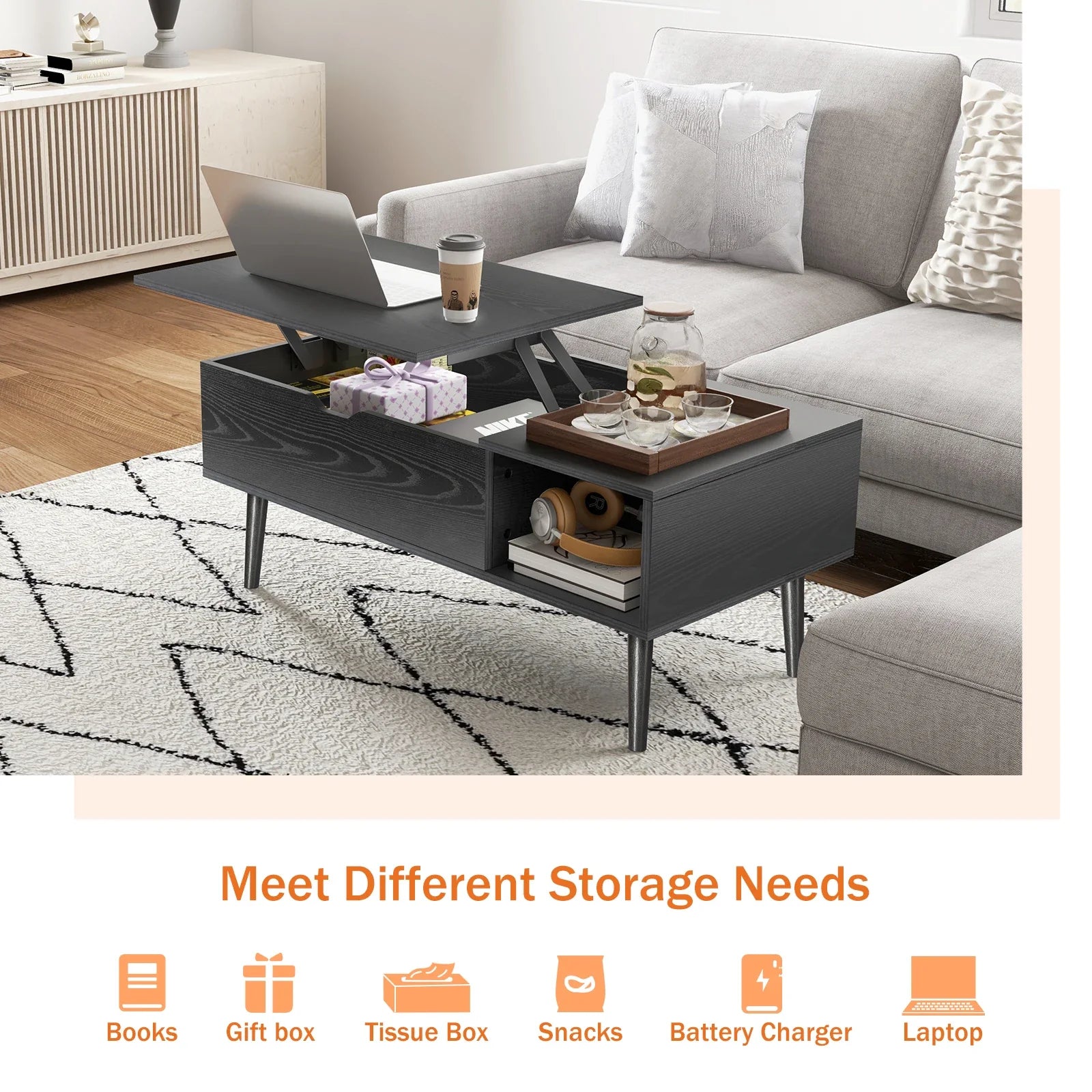 Mesas de centro elevables JHK de 90 x 50 cm, mesas de comedor de madera para sala de estar con estante de almacenamiento ajustable, fáciles de levantar y bajar.